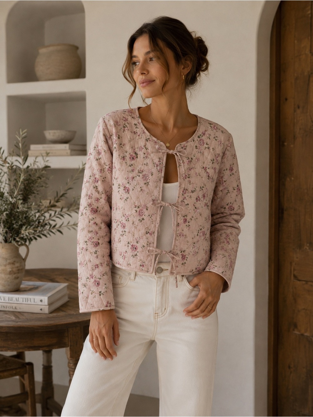 Avec Les Filles Women’s S Pink Floral Quilted Tie Front Cropped Jacket NWT